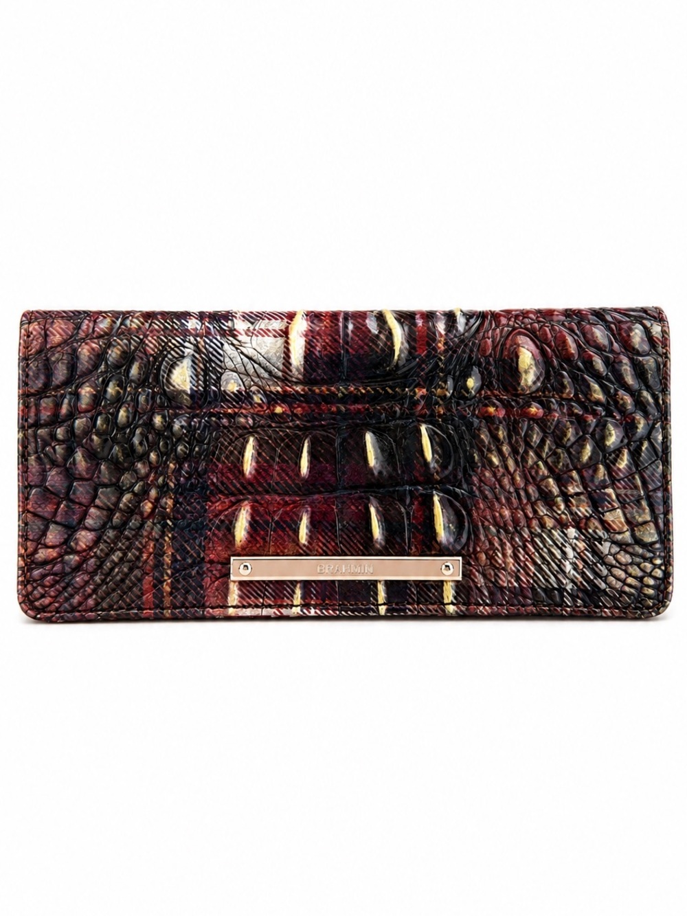 Brahmin Ady Wallet Flannel Melbourne Plaid Croc Embossed Leather Bifold